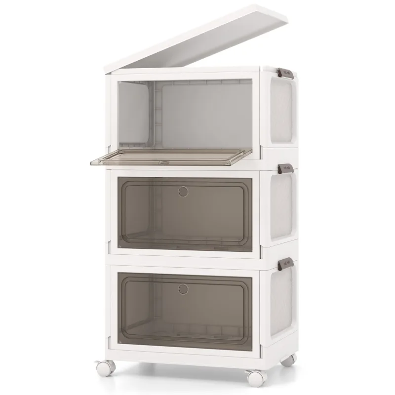 Costway Juego de 3 Cubos de Almacenamiento Apilables con Tapa 105 L Contenedores de Plástico Plegables con 2 Aperturas Plegables con Ruedas