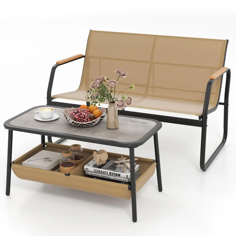 Costway Set de Muebles de Patio de 2 Piezas Loveseat de Exterior y Mesa de Café con 2 Compartimentos de Almacenaje para Balcón Porche y Jardín