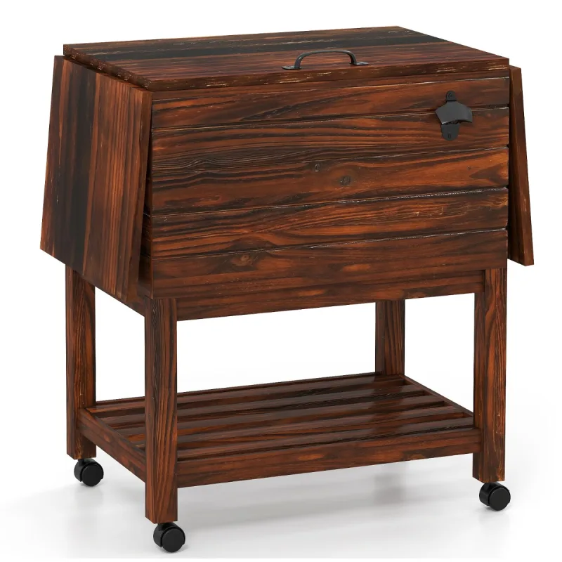 Costway Carrito Enfriador de Madera Enfriador de Bebidas con Ruedas Estante Inferior y Abrebotellas para Exteriores Carrito Refirgerador de 51 L