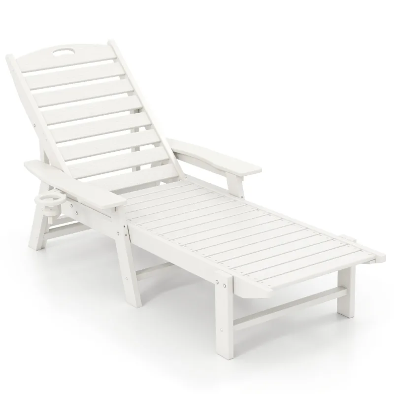 Costway Tumbona de Relax con Respaldo Ajustable en 4 Posiciones Portavasos y Reposabrazos para Piscina Patio 196-169 x 75 x 31,5-65 cm Blanco