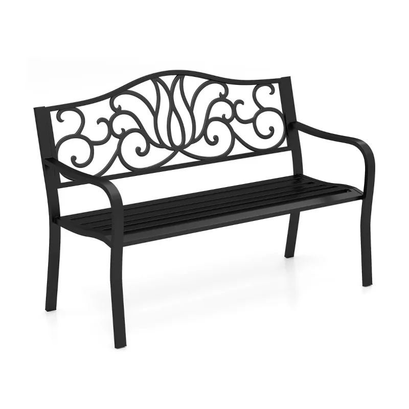 Costway Banco de Metal para 2 Personas Mueble de Patio con Patrón Floral Respaldo Inclinado Superficie Ranurada Banco de Patio Exterior Negro