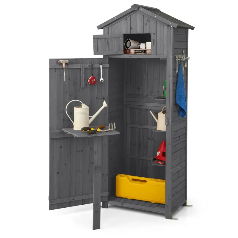 Costway Cobertizo Jardín Armario de Almacenaje Exterior Puerta con Cerradura Plegable Ganchos Organizador de Herramientas 75 x 50 x 180,5 cm Gris