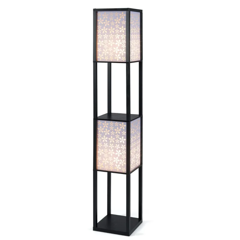 Costway Lámpara de Pie y Estantes Lámpara de Madera con 2 Pantallas con Patrones Recortados Luz Independiente con Tirador e Interruptor Negro