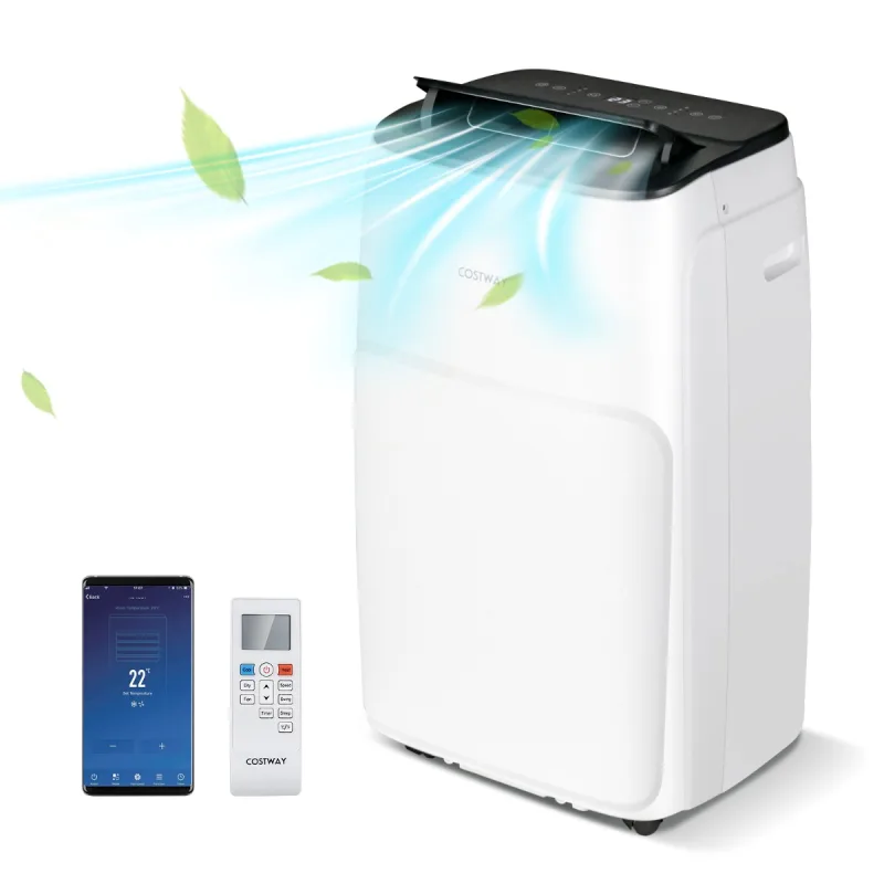 Costway Aire Acondicionado Portátil 4 en 1 AC de 14000 BTU con Ventilador Calentar Deshumidificar Enfriar Multivelocidad Control Remoto Blanco