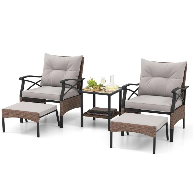 Costway Juego de Muebles de Mimbre de 5 Piezas con Otomanas Cojines Mesa Auxiliar de Vidrio Templado de 2 Niveles para Jardín Porche Marrón