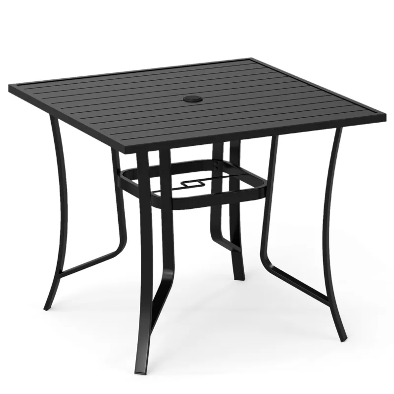 Costway Mesa Cuadrada Exterior para 4 Personas con Agujero Sombrilla Ajustable Estructura Metal Tablero Listones Balcón Terraza Negro