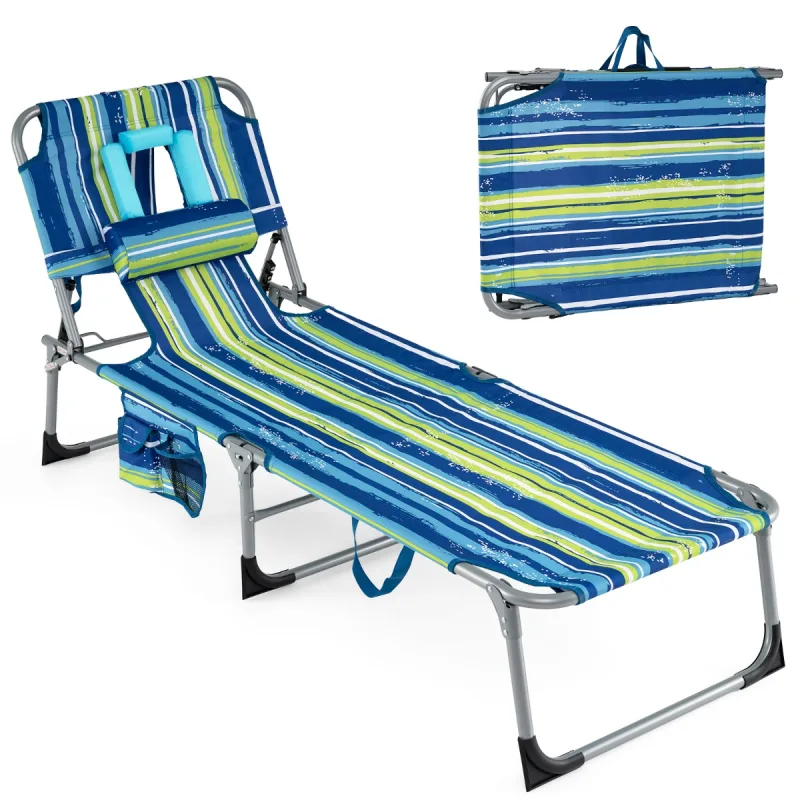 Costway Tumbona Plegable Exterior Reclinable Agujeros Cara Brazos Respaldo Ajustable Bolsillos Portátil Playa Piscina 150kg Rayas Azules