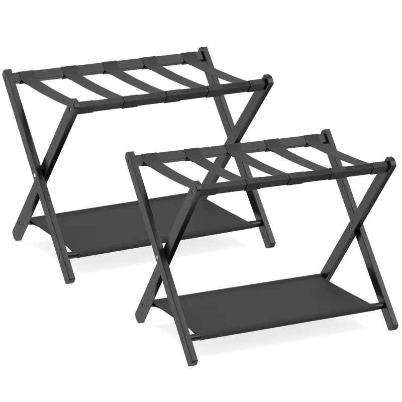 Costway Soportes Equipaje Bambú Plegables 2 Piezas Correas Nylon Estantes Almacenamiento Cuarto Huéspedes Dormitorio Hotel Negro