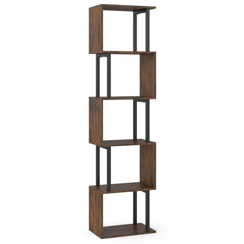 Costway Estantería de 5 Niveles Librería Geométrica en Forma de S con Estructura Metálica y Antivuelco para Salón Estudio Marrón Rústico