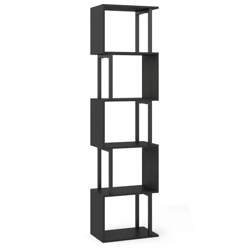 Costway Estantería de 5 Niveles Librería Geométrica en Forma de S con Estructura Metálica y Antivuelco para Salón Estudio Negro