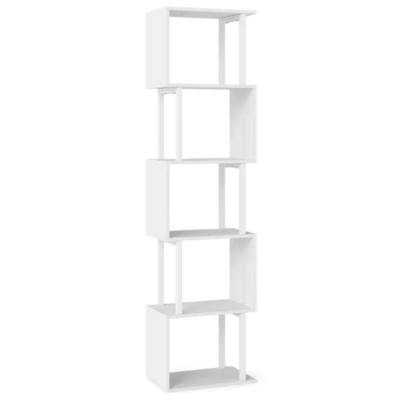Costway Estantería de 5 Niveles Librería Geométrica en Forma de S con Estructura Metálica y Antivuelco para Salón Estudio Blanco