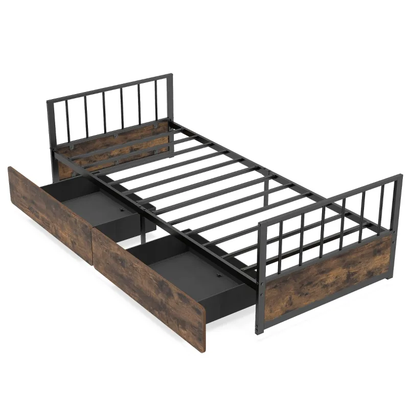 Costway Marco Cama Individual Metal 2 Cajones Industrial Cabecero Piecero Estructura Resistente Listones Colchón No Somier 200x90cm