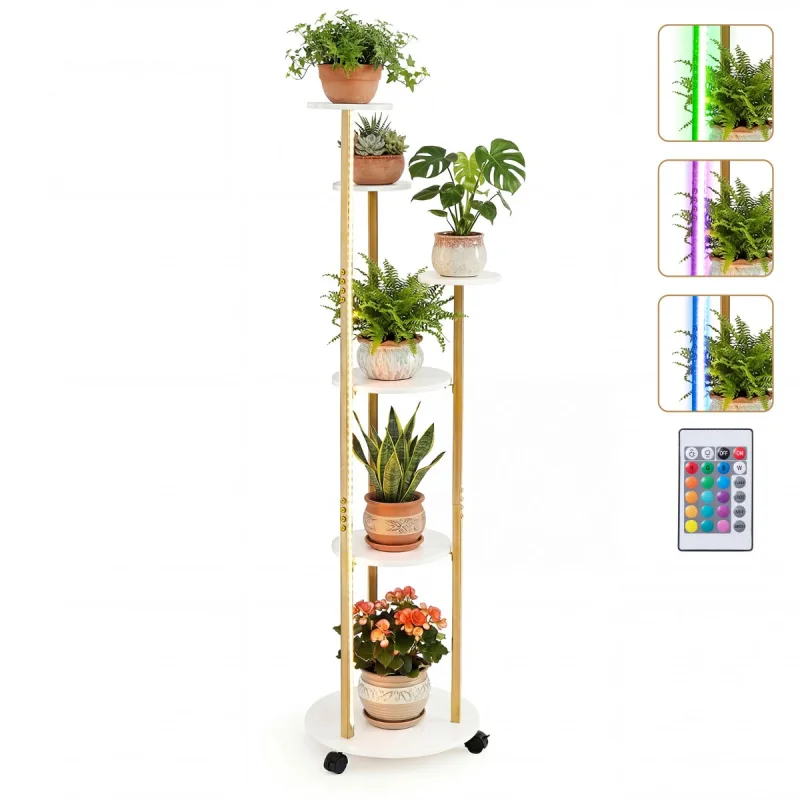 Costway Soporte Plantas Esquinero 6 Niveles Ruedas Bloqueables Luces LED 16 Colores Mando Distancia Expositor Rodante Blanco