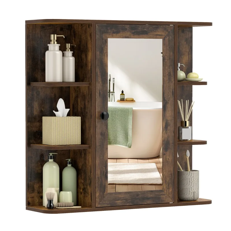 Costway Armario de Pared para Baño Suspendido con Puerta Espejo 3 Niveles y 6 Compartimentos Abiertos para Entrada Pasillo Marrón Rústico