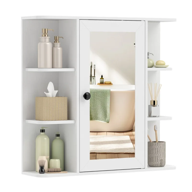 Costway Armario de Pared para Baño Suspendido con Puerta Espejo 3 Niveles y 6 Compartimentos Abiertos para Entrada Pasillo Blanco