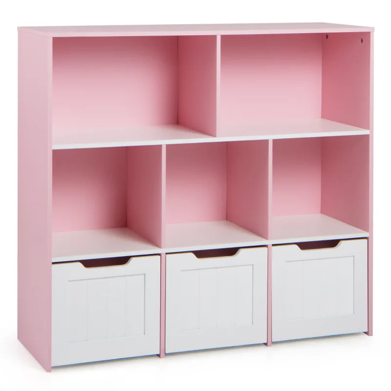 Costway Estantería de Juguetes Infantil con 5 Compartimentos Abiertos y 3 Cajones Móviles Organizador Juguetes con Ruedas para Sala de Juegos Rosa