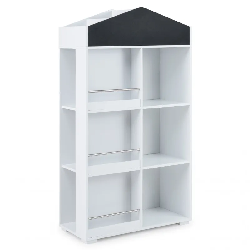 Costway Estantería Infantil en Forma de Casa Librería para Niños con Compartimentos Pizarra y Kit Antivuelco Armario Organizador de Juguetes Blanco