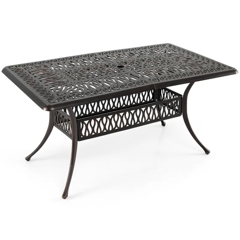 Costway Mesa de Centro Exterior de Aluminio Fundido con Agujero para Sombrilla 5cm Almohadillas Ajustables Rectangular Vintage 151x91x73cm