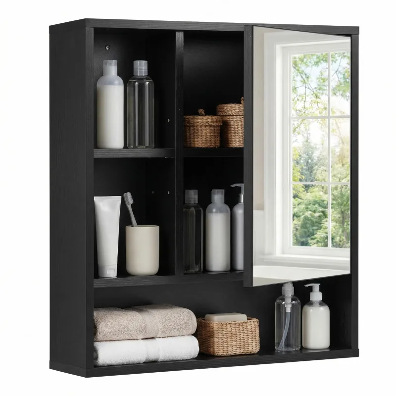 Costway Armario de Baño con Espejo de Pared con 3 Estantes Abiertos Puerta con Espejo de Vidrio Templado y Estante Ajustable Negro