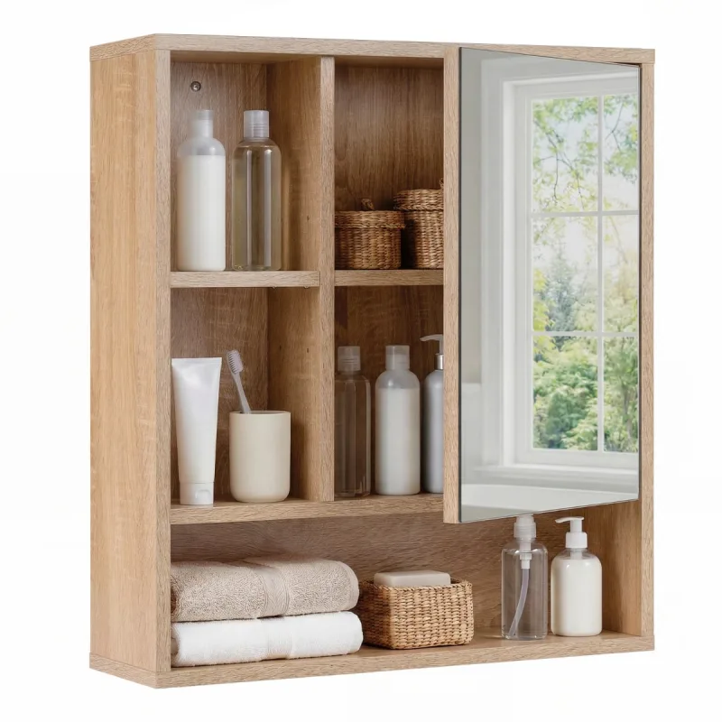 Costway Armario de Baño con Espejo de Pared con 3 Estantes Abiertos Puerta con Espejo de Vidrio Templado y Estante Ajustable Natural