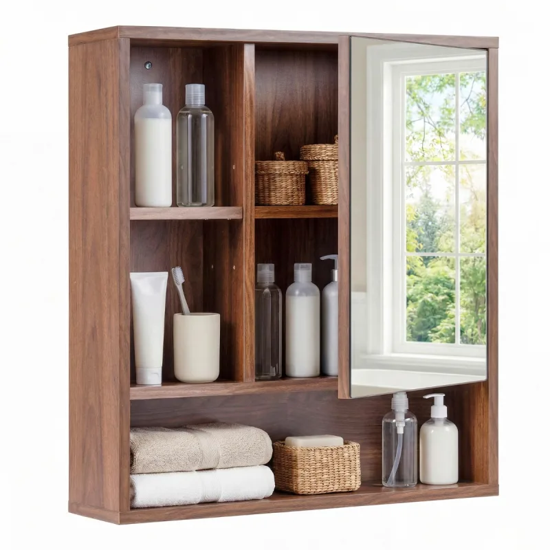 Costway Armario de Baño con Espejo de Pared con 3 Estantes Abiertos Puerta con Espejo de Vidrio Templado y Estante Ajustable Marrón