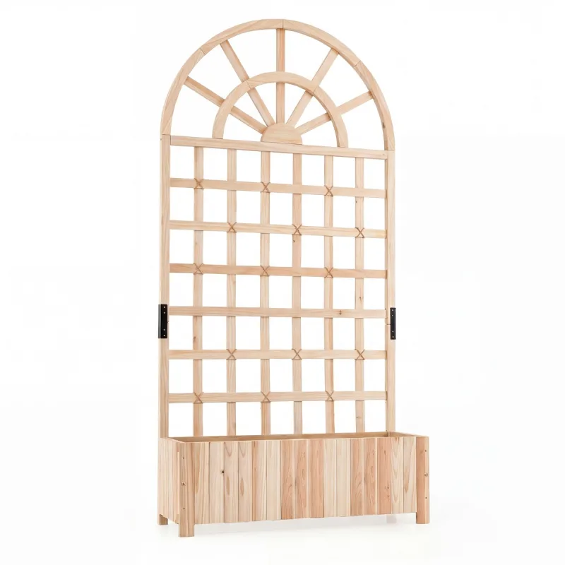 Costway Cama Elevada de Madera con Enrejado Pantalla Privacidad Agujeros Drenaje para Plantas Trepadoras Verduras Flores 180cm Natural