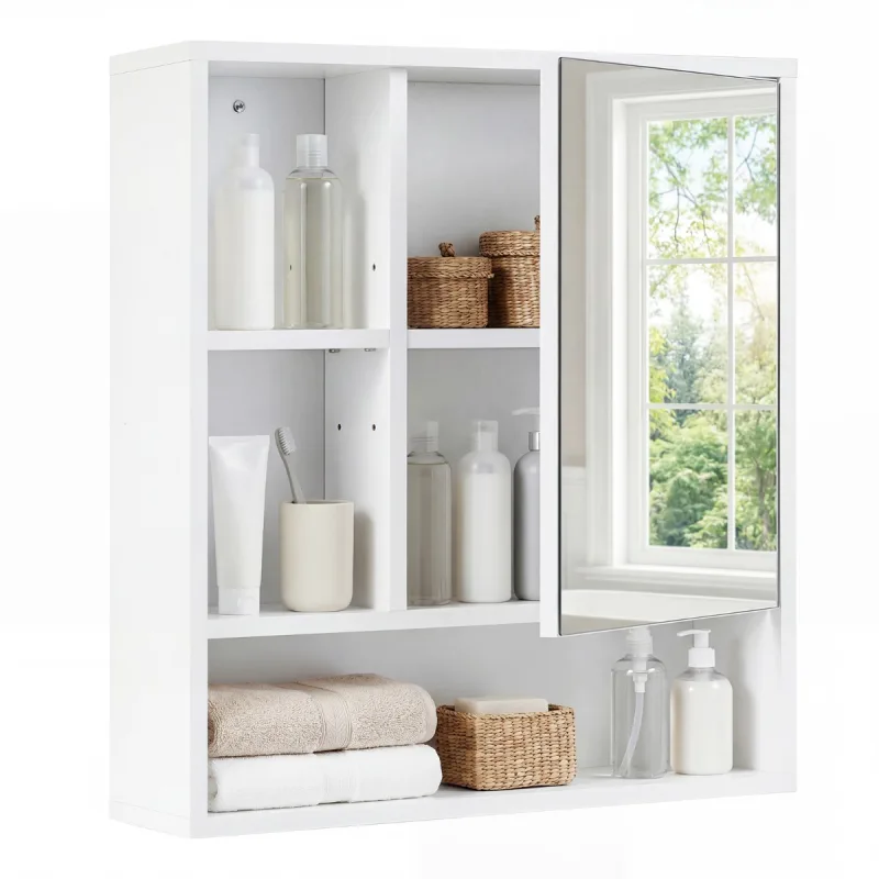 Costway Armario de Baño con Espejo de Pared con 3 Estantes Abiertos Puerta con Espejo de Vidrio Templado y Estante Ajustable Blanco