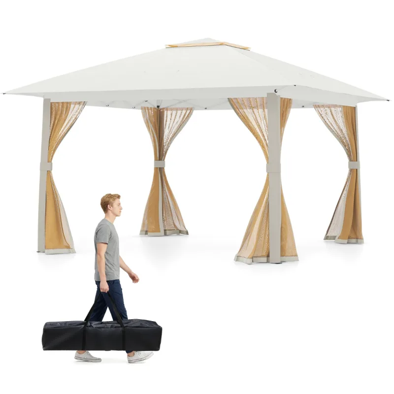 Costway Carpa Plegable 394x394cm Gazebo Portátil con Techo Doble y Malla Bolsa de Transporte Refugio Solar de Montaje Rápido Instantánea Beige