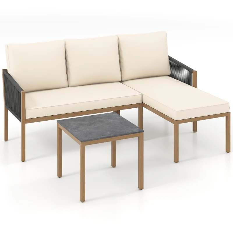 Costway Conjunto de 3 Piezas Muebles de Jardín en Forma de L con Mesa Centro Sofá 2 Plazas Tumbona Cojines para Terraza Patio Beige