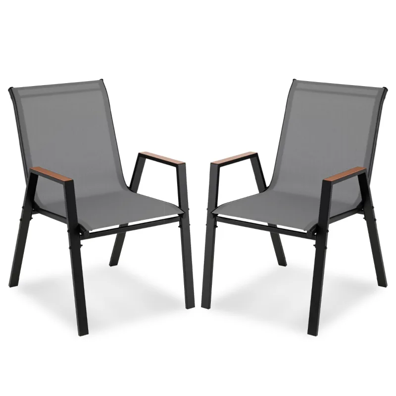Costway Juego de 2 Sillas de Jardín Apilables Respaldo Alto Reposabrazos Ergonómicas Metal Tejido Transpirable para Terraza Patio Gris