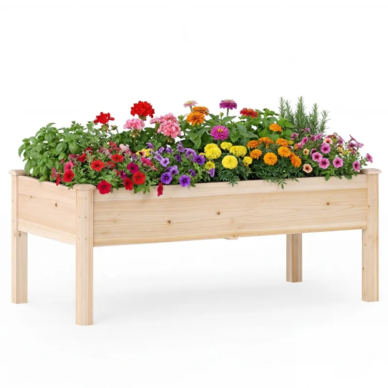 Costway Cama Elevada de Madera de Abeto Natural con Patas para Verduras Flores y Hierbas para Balcón Patio Jardín Carga 60kg