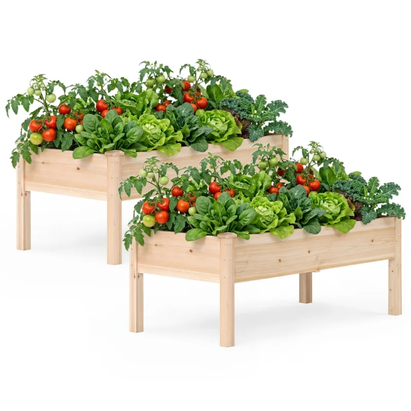 Costway Juego de 2 Cama Elevada de Madera de Abeto Natural con Patas para Verduras Flores y Hierbas para Balcón Patio Jardín Carga 60kg