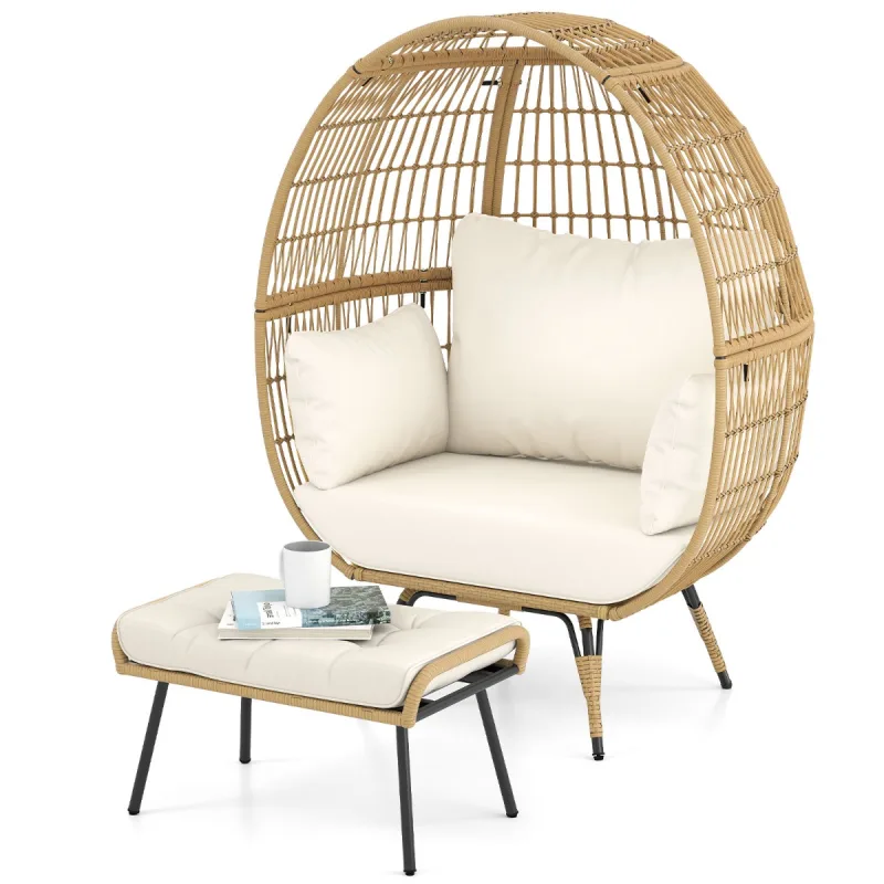 Costway Silla de Huevo con Otomana Conjunto de 2 Piezas de Mimbre para Patio con Cojines Suaves Silla Sofá de Ocio y Reposapiés Marrón Claro