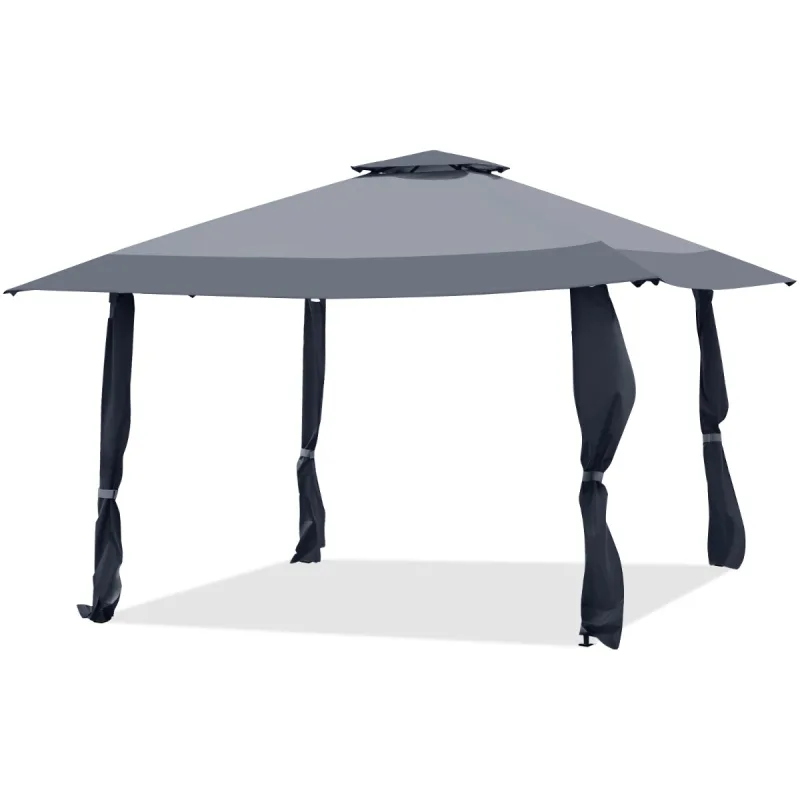 Costway Pabellón de 3 x 3 M Gazebo con Techo de 2 Niveles Tela Oxford 3 Alturas Ajustables para Patio Playa Parque Marrón y Gris
