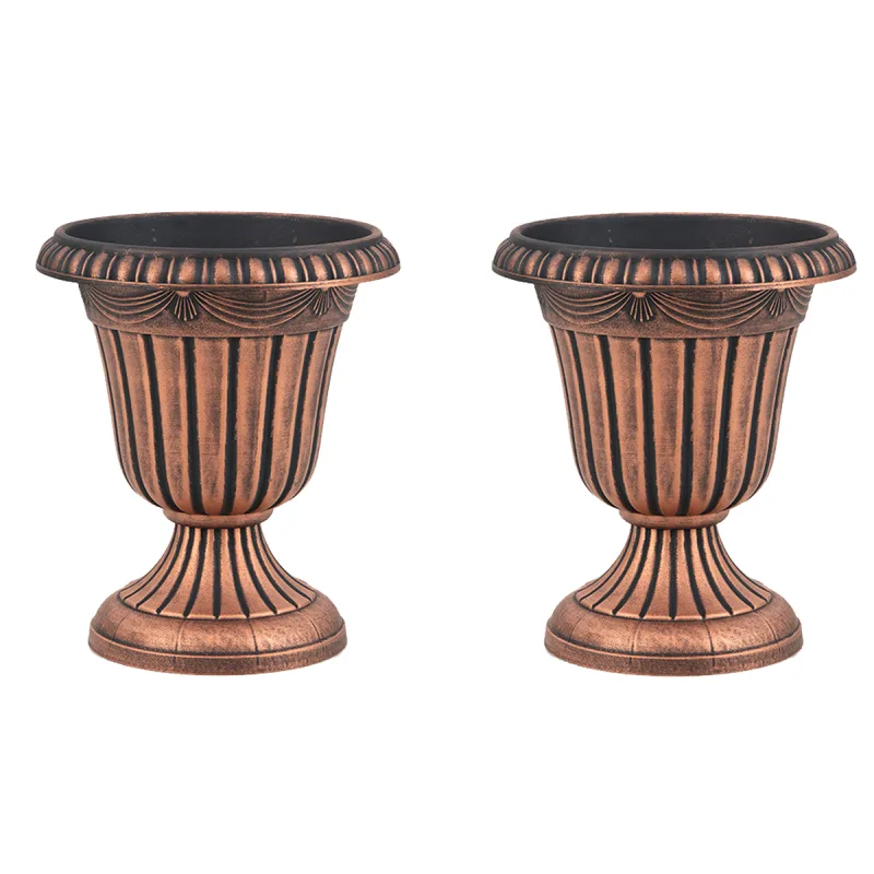 Costway Juego de 2 Macetas Vintage Macetas de Plástico con Base de Pedestal y Agujero de Drenaje Premarcado Bronce
