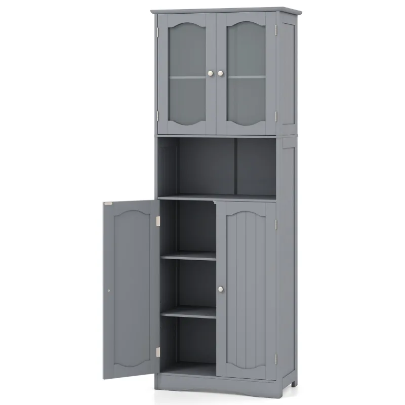Costway Armario Alto de Almacenamiento para Baño Armario Despensa Independiente con Puertas de Vidrio Esmerilado Estantes para Cocina Salón Gris