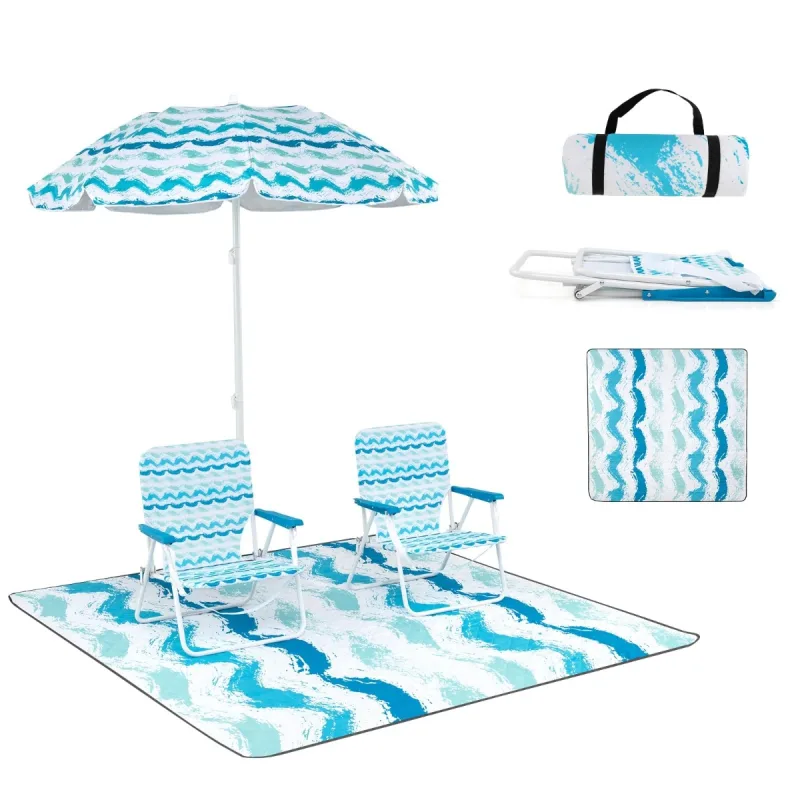 Costway Juego de Sombrilla de Playa con 2 Sillas Plegables y Manta de Picnic Parasol Portátil de Exterior con Mecanismo de Inclinación Azul