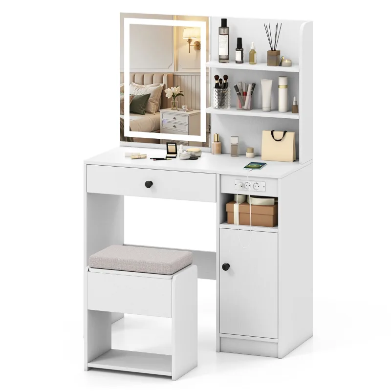 Costway Set de Tocador con Espejo con Iluminación y Toma de Corriente Taburete Acolchado Cajón y Estantes para Dormitorio 90 x 40 x 135,5 cm Blanco