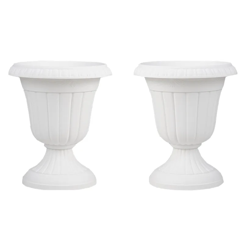 Costway Juego de 2 Macetas Vintage Macetas de Plástico con Base de Pedestal y Agujero de Drenaje Premarcado Blanco