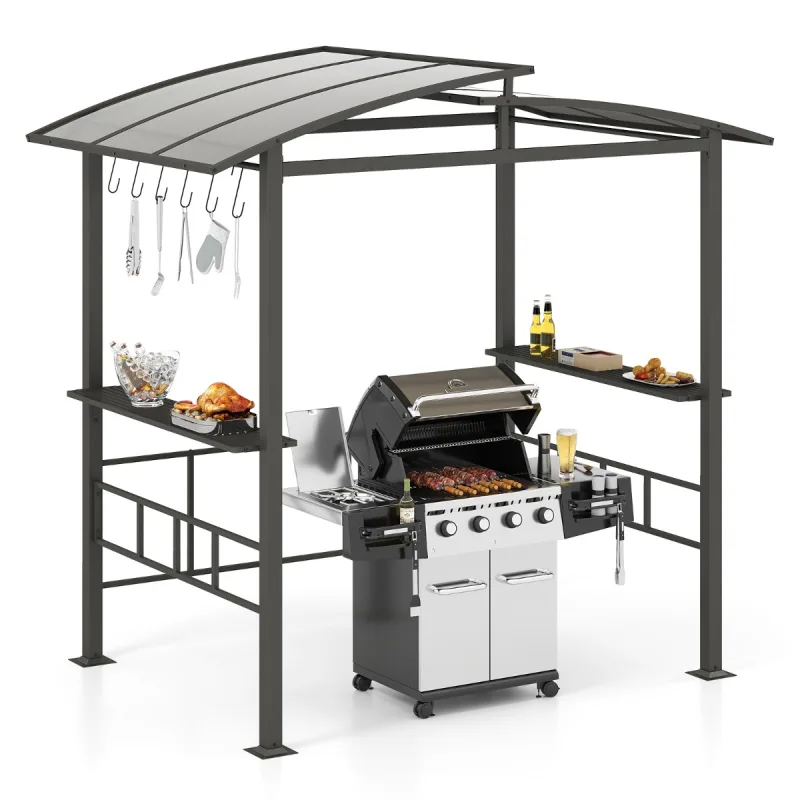 Costway Gazebo de Parrilla de Techo Duro 248 x 150 cm con Techo Ventilado de Policarbonato Estantes Laterales Estructura de Metal