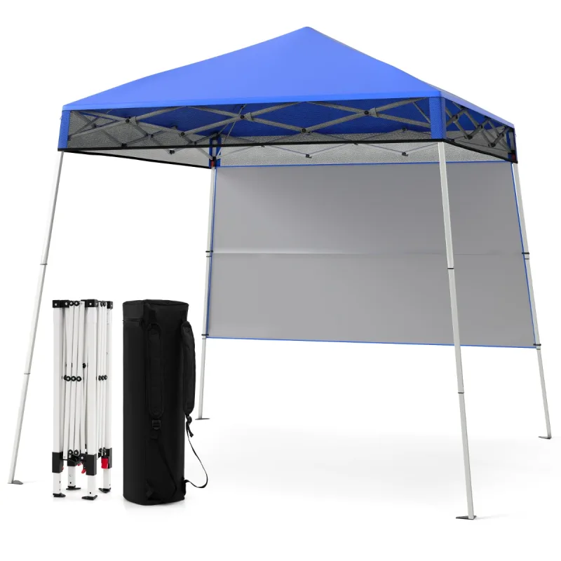 Costway 182 x 182 cm Carpa Plegable con 1 Pared Lateral Refugio Exterior de Ensamblaje Fácil con Patas Inclinadas Ajustables 4 Estacas Azul