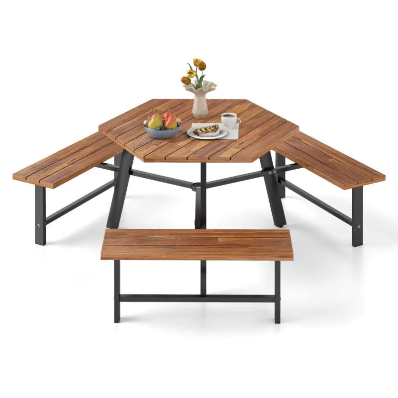 Costway Conjunto de Mesa y Bancos para 6 Personas de Madera de Acacia con 3 Asientos Agujero para Sombrilla con Estructura Metálica Marrón y Negro