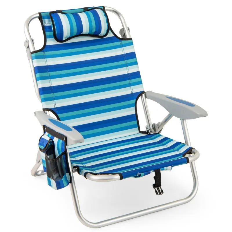 Costway Silla de Playa Plegable con Respaldo Reclinable en 4 Posiciones Marco de Aluminio Ligero Bolsillos Laterales Toallero Verde