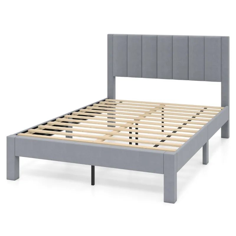 Costway Cama de Plataforma Tapizada con Cabecero de Tela de Terciopelo Suave y Soporte de Lamas de Madera No Necesita Somier 211 x 141 x 109 cm Gris