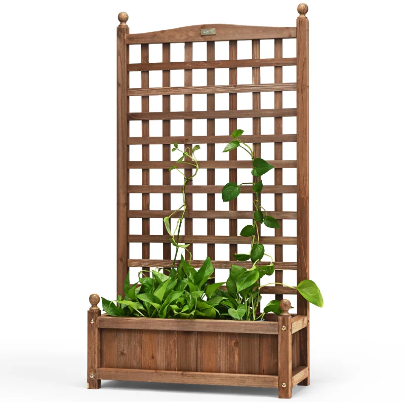 Costway Jardinera Elevada con Espaldera de Celosía Agujeros de Drenaje para Plantas Trepadoras Flores Patio Terraza 64,5 x 28 x 120 cm Marrón