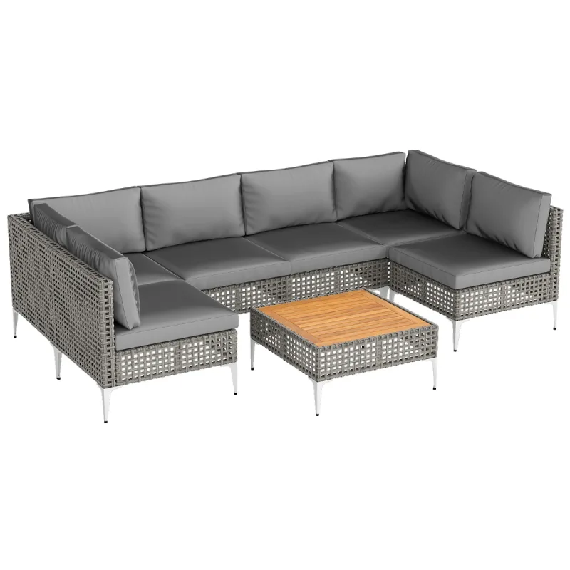 Costway Juego de Mesa y Sillas de 7 Piezas de Ratán PE con Mesa de Madera de Acacia Cojines Desmontables y Patas de Metal Ajustables Gris