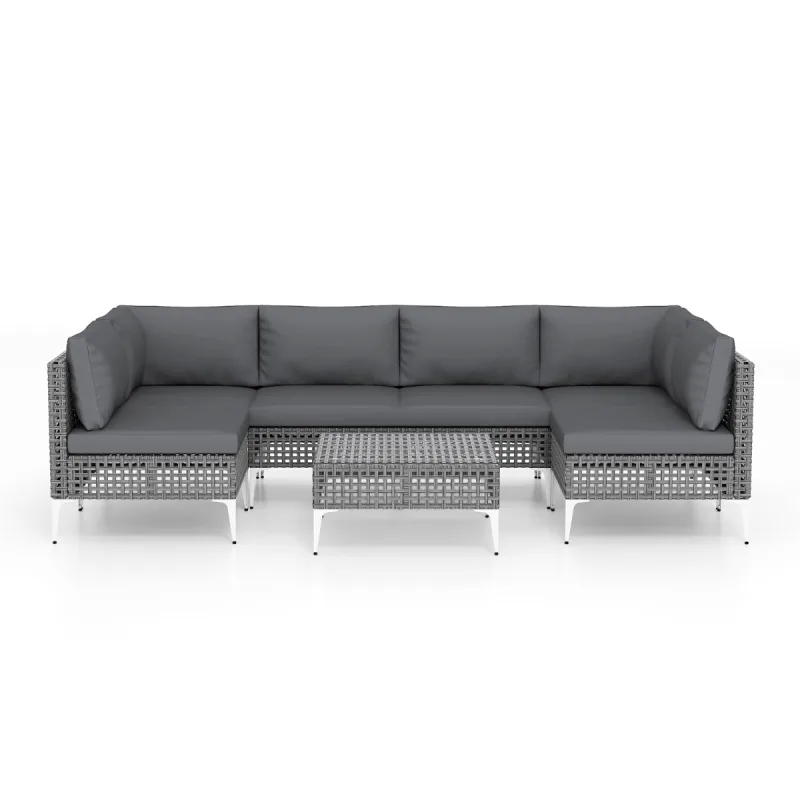 Costway Conjunto de Muebles de Jardín de 7 Piezas de Patio de Ratán Conjunto Modular de Asientos con Mesa de Centro Cojín con Funda Extraíble Gris