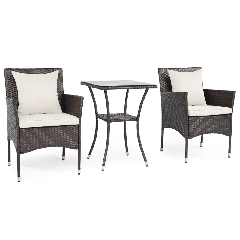 Costway Conjunto Bistro para Patio de 3 Piezas Sillas Ratán Mimbre Marrón Mixto con Mesa Doble Capa Cristal Templado Cojines Blanco