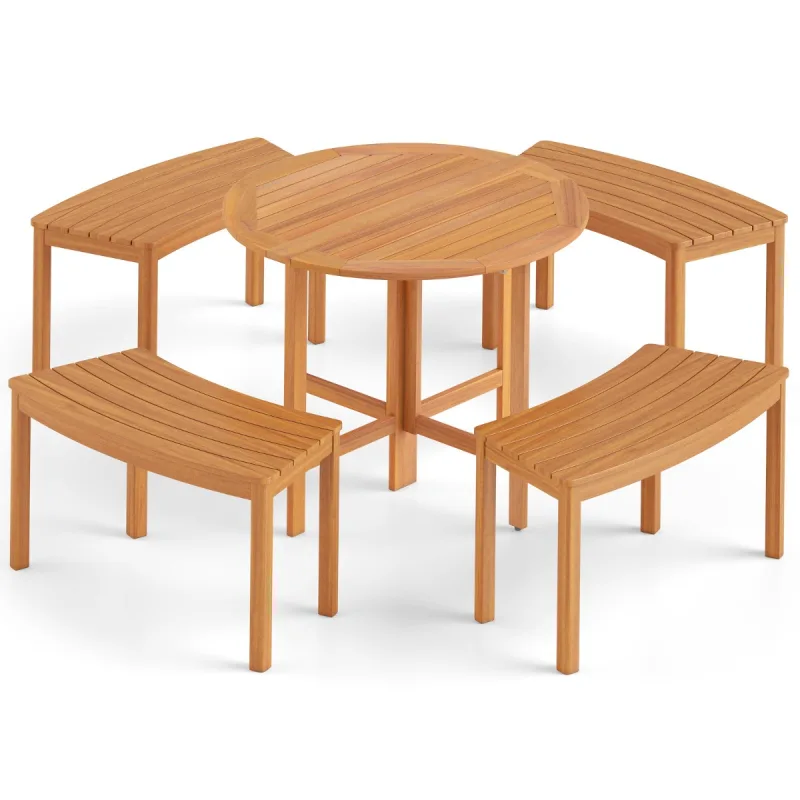 Costway Set de Mesa Redonda Plegable y 4 Bancos Curvos de Madera de Acacia para Patio Jardín Porche Sin Montaje Natural