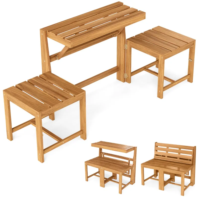 Costway Banco de Madera de Acacia 3 en 1 Convertible en Mesa y Sillas + Estante para Plantas Mueble Multifuncional para Terraza y Jardín Natural